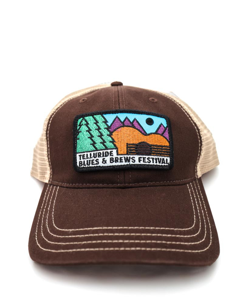 Washed Brown Trucker Hat with Evergreen Patch